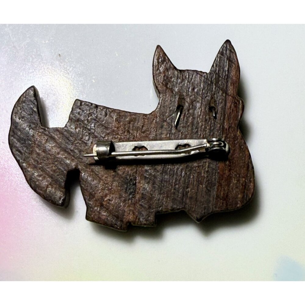 Art Deco 30's Carved Wood Scottie Dog Brooch Glass Eyes - Picture 2 of 6
